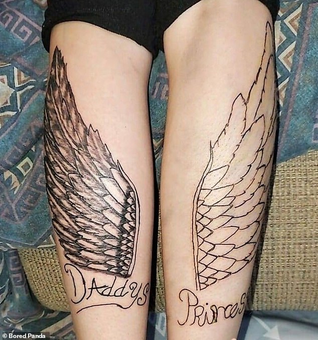 One person has tattooed two different angel wings on their calves with the text: 'Daddys (sic) Princess' printed on it.