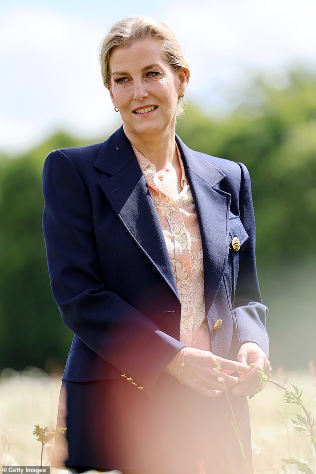 The royal looked pensive as she walked through a wildflower meadow at Highfield Farm during the official visit.