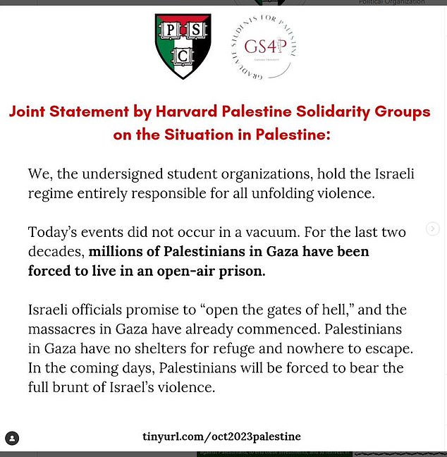 Bharmel is also co-president of the Harvard South Asian Law Students, a group that sparked massive backlash when they signed a letter blaming Israel for the Hamas attack.