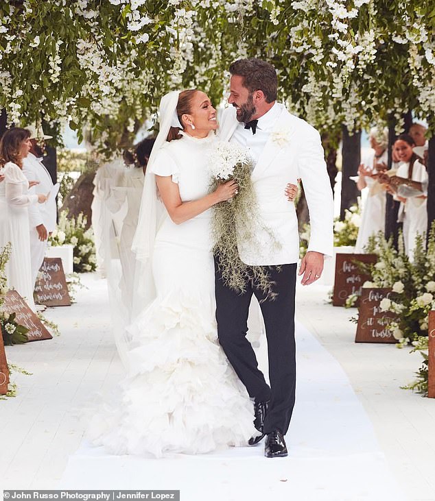 Lopez and Affleck rekindled in 2021 and married in a Las Vegas ceremony the following July, before hosting a lavish wedding at their Georgia estate in August 2022 (pictured).