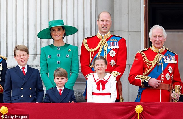 Today it was announced that Kate will attend Trooping the Color tomorrow. Above: The princess photographed with her husband, Prince William, and her children, Prince Louis, Princess Charlotte and Prince George.