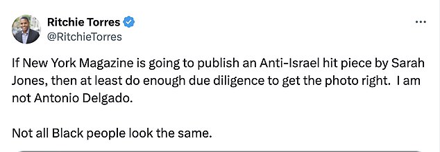 Congressman Torres criticizes New York Magazine for an article he called an 'anti-Israel hit piece' that featured a picture of the wrong black New York official