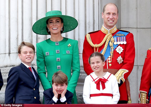 Kate stands on the balcony of Buckingham Palace with Prince William and their children.