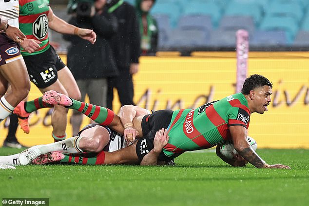 Latrell Mitchell last played with Origin for NSW in 2021 (pictured scoring a try against the Broncos)