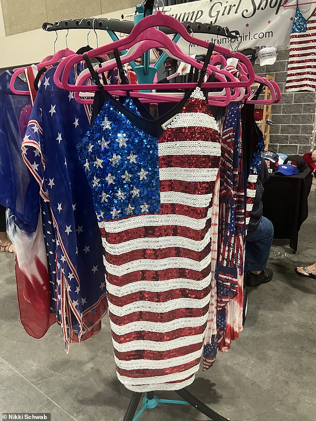 Red, white and blue outfits were being sold from vendors at the back of the convention hall where former President Donald Trump spoke to mark his 78th birthday.