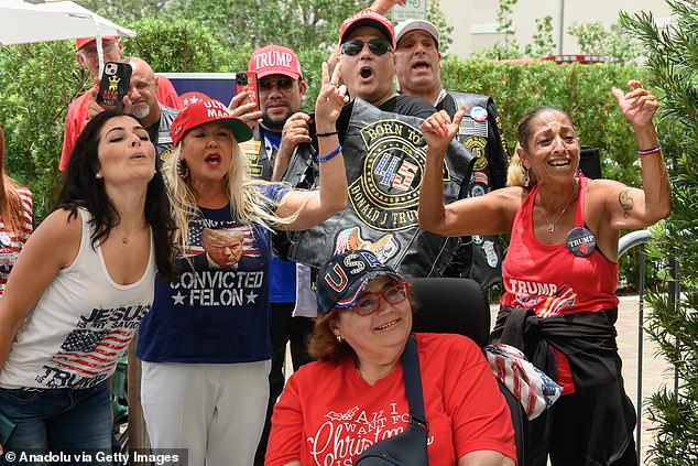 A group of Trump supporters wait outside Friday to enter the Palm Beach County Convention Center for a birthday event sponsored by the group 'Club 47.'