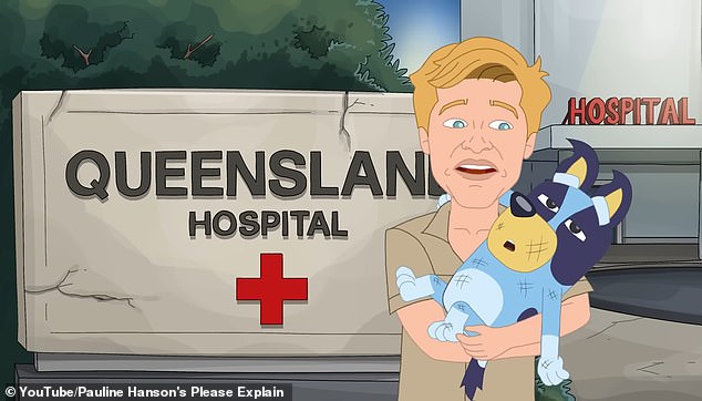 The firebrand senator's YouTube series Please Explain featured an episode on Friday titled The State of Queensland, where Irwin and ABC children's cartoon character Bluey are satirically depicted (pictured).