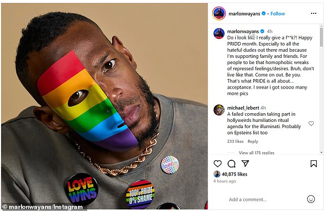 The Scary Movie star posted another photo of himself with a rainbow mask covering part of his face: 'As a parent of a child in the LGBTQ+ community, I show my support. Zero fucks what people think. If he lost you... GOOD!