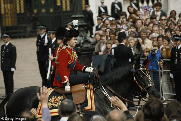 Queen Elizabeth II riding a Burmese during Trooping the Color in 1981