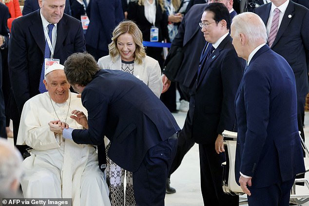 Biden and other world leaders were eager to get closer to Pope Francis during his visit. At one point, photographers yelled at Argentine President Javier Milei to get out of the way after he blocked the shot of Biden greeting the Pope.