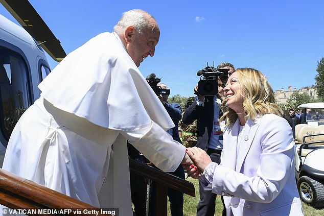 Meloni was also present to greet the Pope when he arrived by helicopter to the summit and landed in Savelletri.