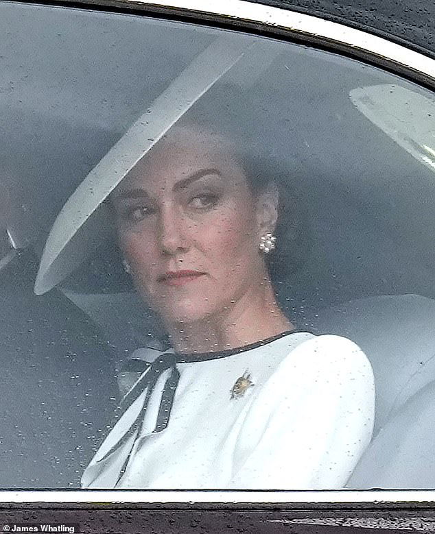 The Princess of Wales contemplates the rain as she arrives at Buckingham Palace today