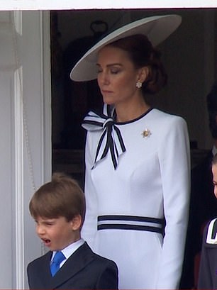 The youngest son of the Prince and Princess of Wales was also caught yawning at the event, which normally consists of more than 1,400 parading soldiers, 200 horses, 400 musicians and a flyover of 70 aircraft.