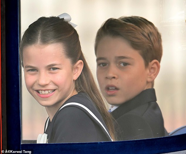 Beaming Princess Charlotte couldn't help but smile as she appeared alongside her brother Prince George at today's Trooping the Colour.