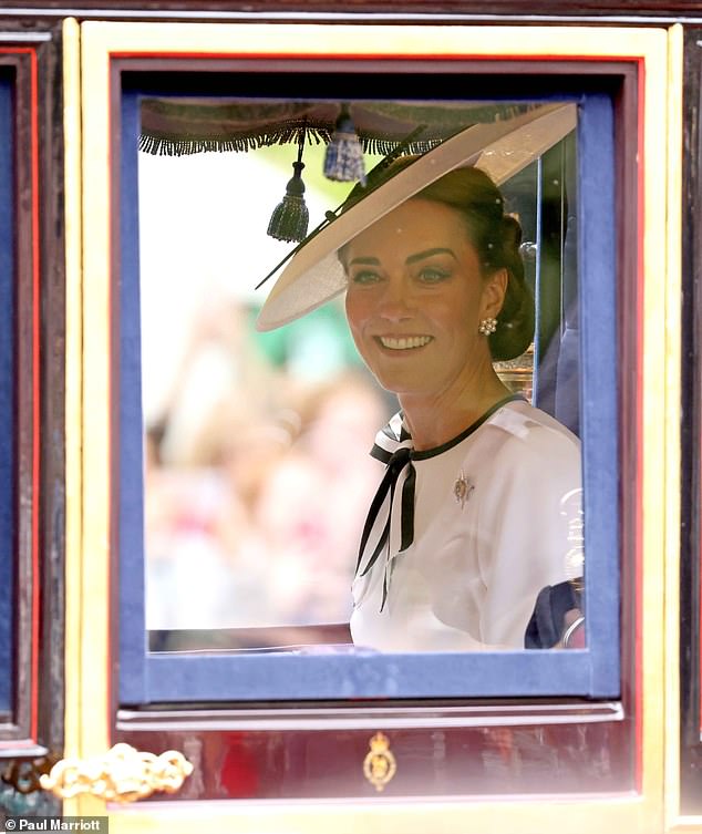 The Princess of Wales left Buckingham Palace yesterday during Trooping the Color in London