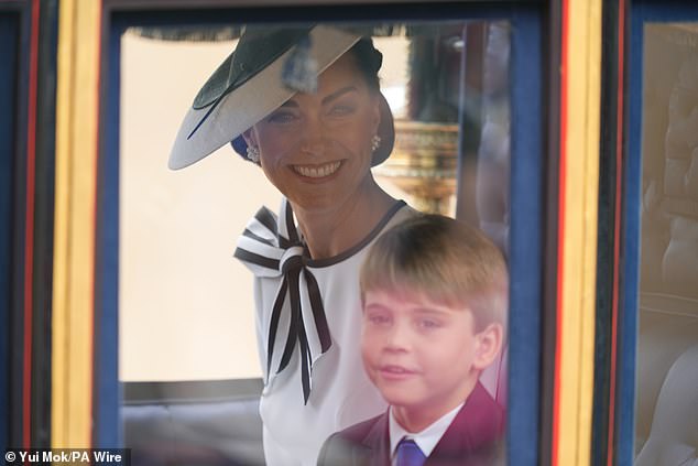 The Princess of Wales and Prince Louis looked cheerful as they arrived at the Trooping the Color ceremony yesterday.