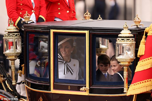 The Princess of Wales was beaming as she left Buckingham Palace during Trooping the Color in London.