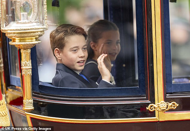 Prince George of Wales and Princess Charlotte of Wales salute during Trooping the Color