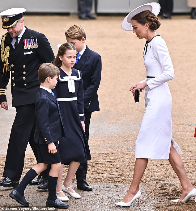 Prince George, Princess Charlotte, Prince Louis and Kate at Trooping The Color today