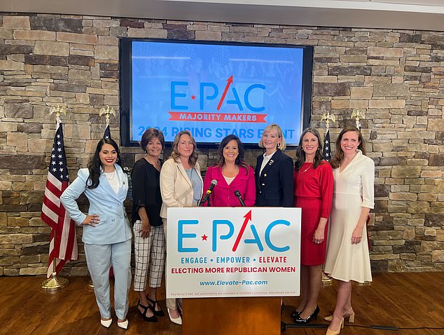 At the event, in addition to Stefanik, were Republican candidates (left to right) Mayra Flores, Texas, Yvette Herrell, New Mexico, Alison Esposito, New York, Laurie Buckhout, North Carolina, Monique DeSpain, Oregon, and Caroleene Dobson , Alabama.