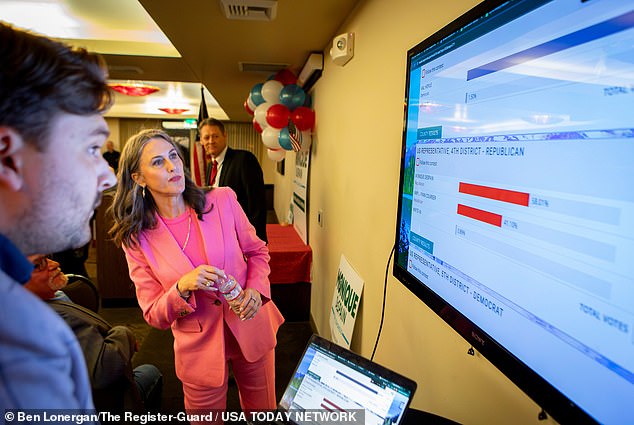 Republican congressional candidate Monique DeSpain analyzes election results during an election watch party hosted by the DeSpain campaign on Tuesday, May 21, 2024.