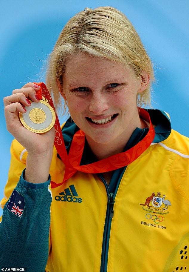 Liesel rose to prominence as an Olympic swimmer at the Sydney Olympics in 2000. Pictured: Liesel holding her gold medal in the 100m breaststroke that she won during the 2008 Beijing Olympics.