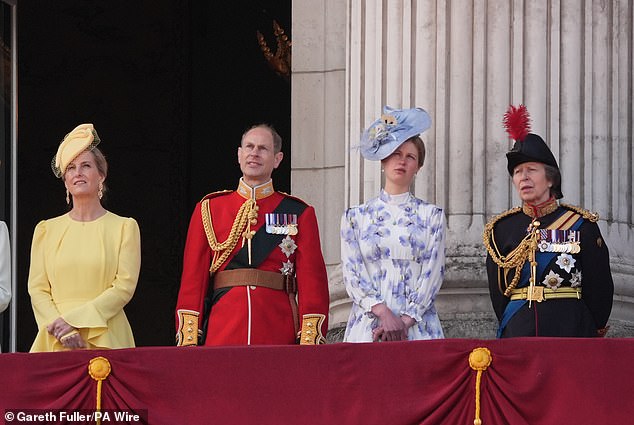 The Duke and Duchess of Edinburgh, Lady Louise Windsor and the Princess Royal, today on the balcony of Buckingham Palace