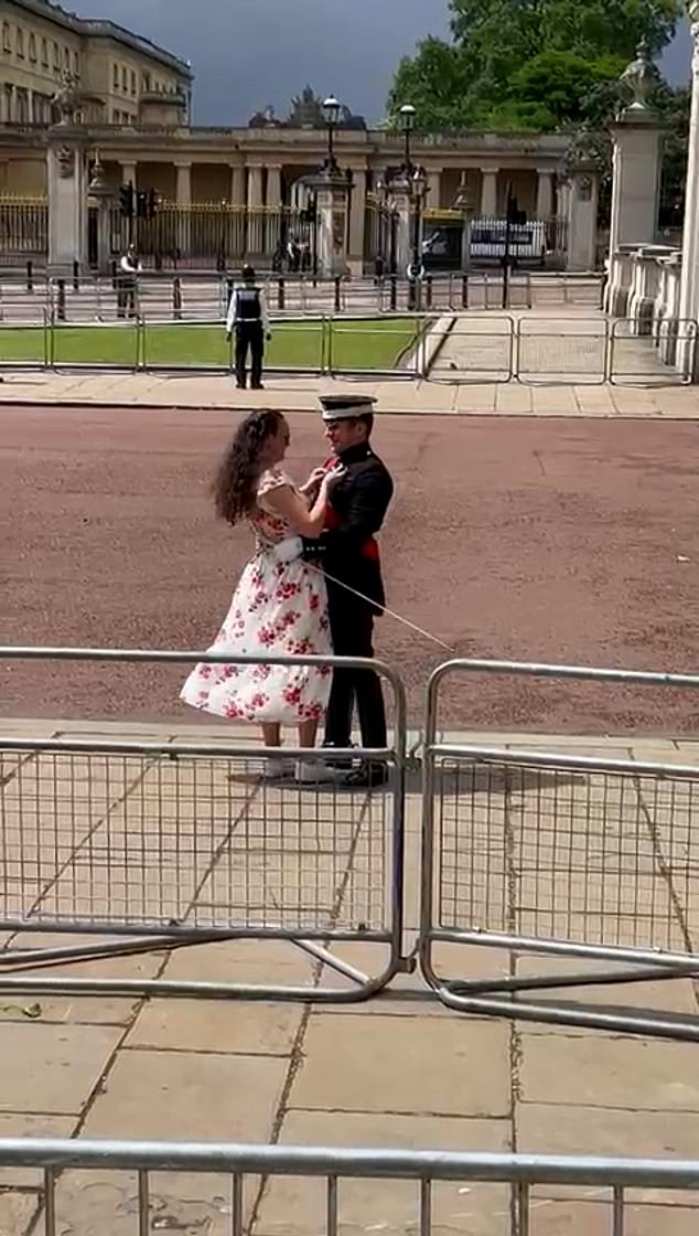 The servicemen popped the question to their shocked companion near Buckingham Palace before rushing off to play their part in the King's birthday procession.