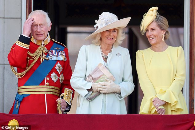 King Charles, Queen Camilla and Sophie, Duchess of Edinburgh, at Buckingham Palace today