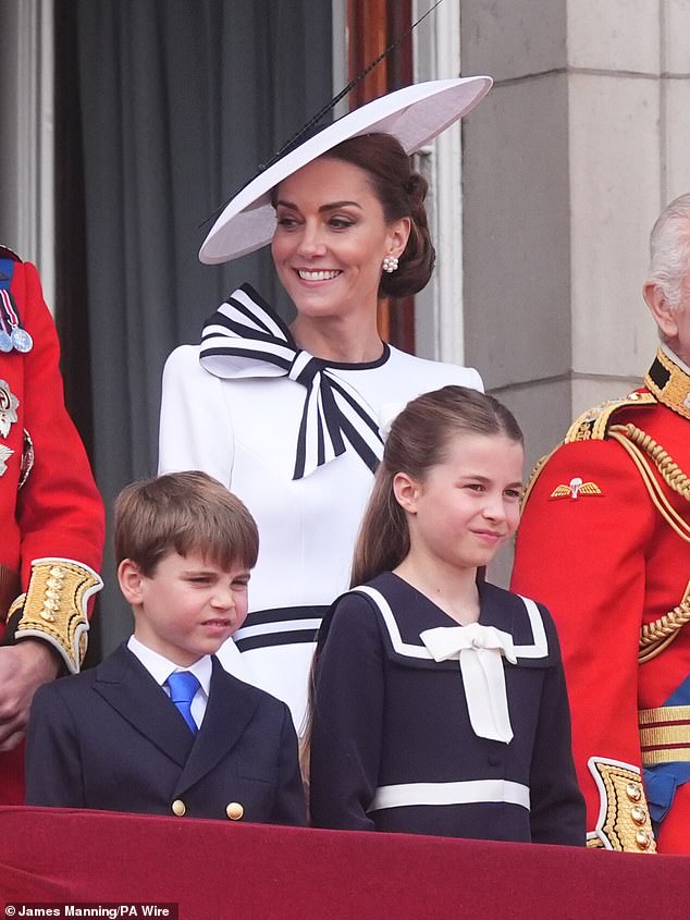 Prince Louis, Princess of Wales and Charlotte on the balcony of Buckingham Palace today