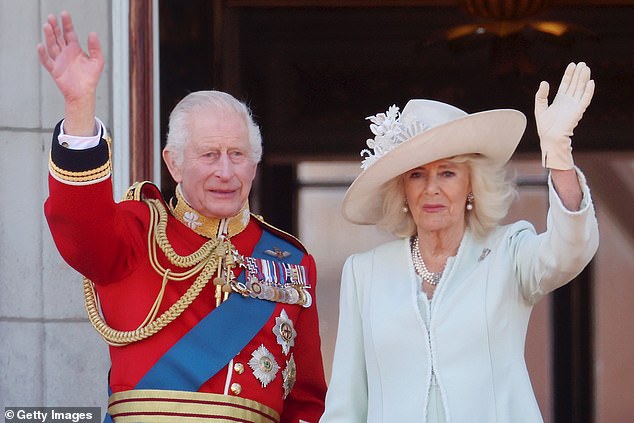 King Charles III and Queen Camilla during Trooping the Color at Buckingham Palace today