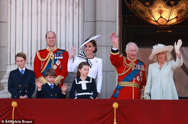 William and Kate with their children with Charles and Camilla today at Buckingham Palace