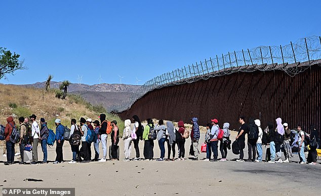 Migrants wait in line hoping to be processed by Customs and Border Patrol agents after groups arrived in Jacumba Hot Springs, California, after walking in intense heat from Mexico to the United States.