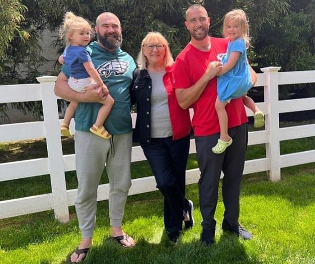 Travis, Jason and their mother, Donna, with two of Jason and Kylie's children: Wyatt and Elliotte.