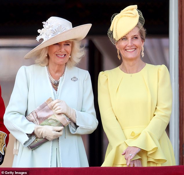 The Duchess of Edinburgh (right) wore a pale yellow dress by Beulah London (£750), a brand loved by royals across Europe, with a matching Jane Taylor hat (£1,625).