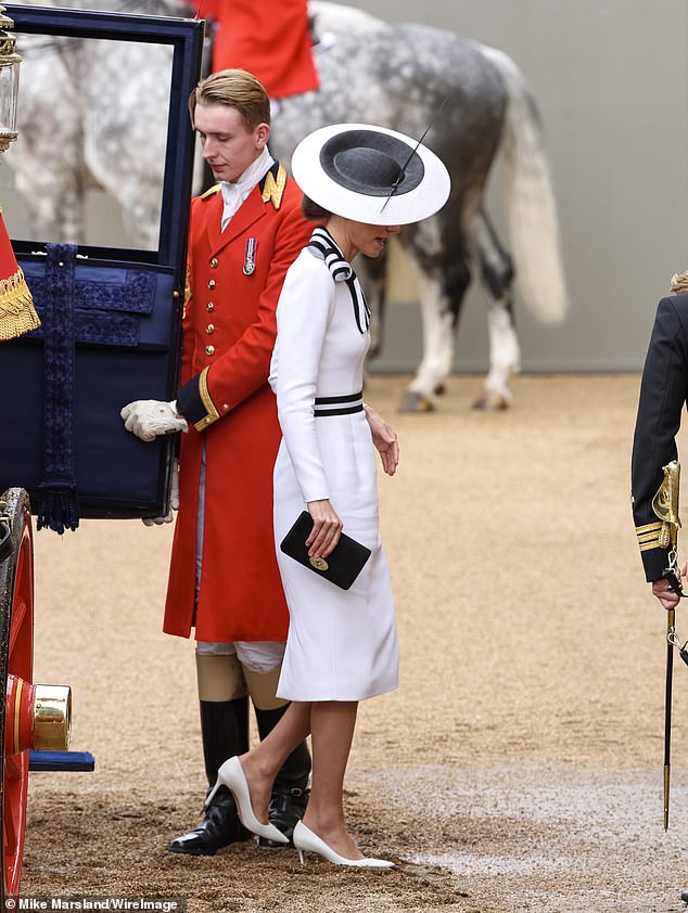 The monochromatic look, completed with Jimmy Choo heels (£650), a Mulberry clutch (£495) and Cassandra Goad pearl earrings (£5,620), was not only a chic homage to local British brands, but also a Sustainable fashion master class.