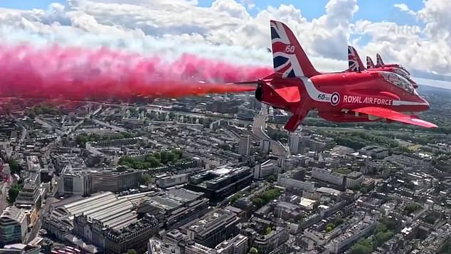 In a highly choreographed display, the plane took off from RAF bases across the UK before flying along The Mall and over the balcony of Buckingham Palace.