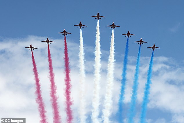 The nine-ship formation of the Red Arrows completed today's spectacular display.