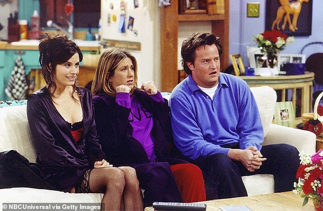 The cast has recently reconnected following the passing of Matthew Perry, who played Chandler Bing, at the age of 53 in October; Cox, Aniston and Perry seen in 2002