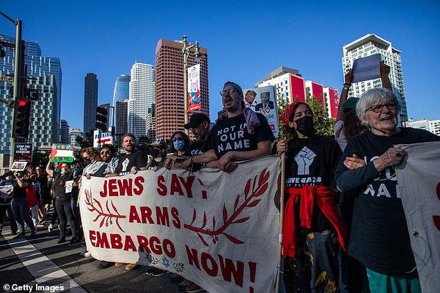 Pro-Palestinian protesters gathered outside the entrance to a fundraising event for Biden's campaign.