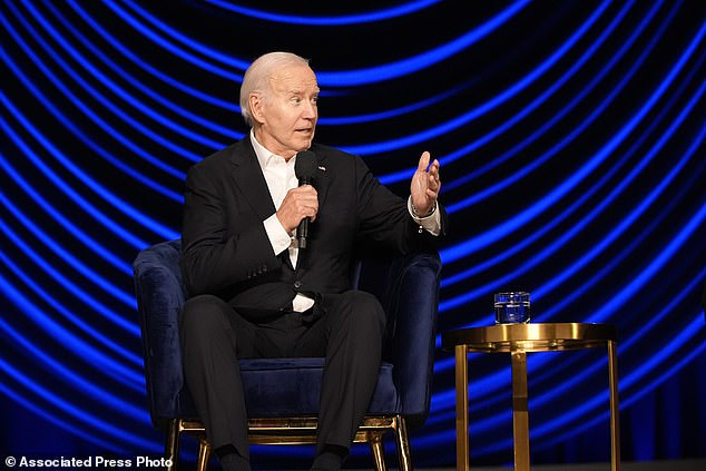 President Joe Biden speaks during a campaign event with former President Barack Obama on Saturday night.