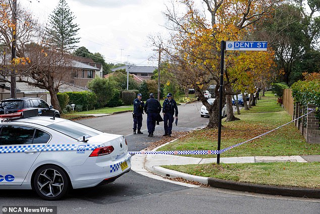 His son, aged in his 20s, allegedly stumbled upon the horrific scene and alerted the police, who comforted him until his friends arrived (pictured, police at the scene).