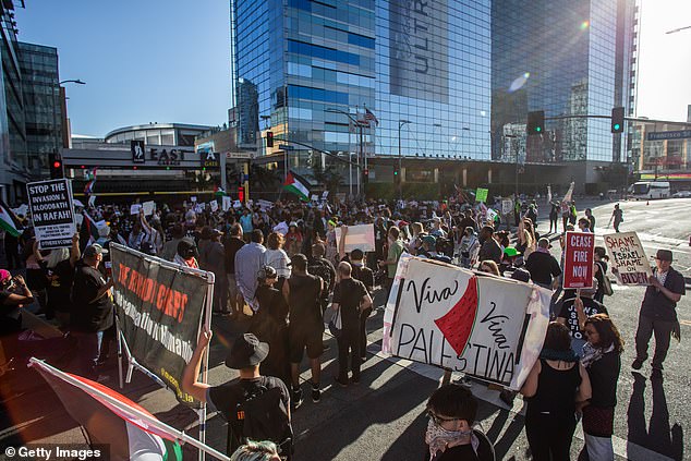 Dozens of protesters gathered outside the entrance to the Biden campaign fundraiser in Los Angeles.