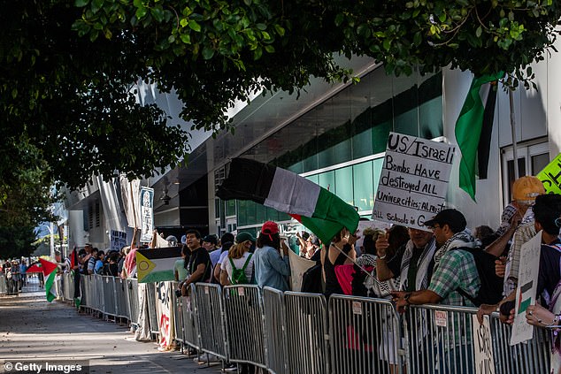 The protesters outside in downtown Los Angeles are the latest in a long line of pro-Palestinian protesters showing up to Biden events across the country.