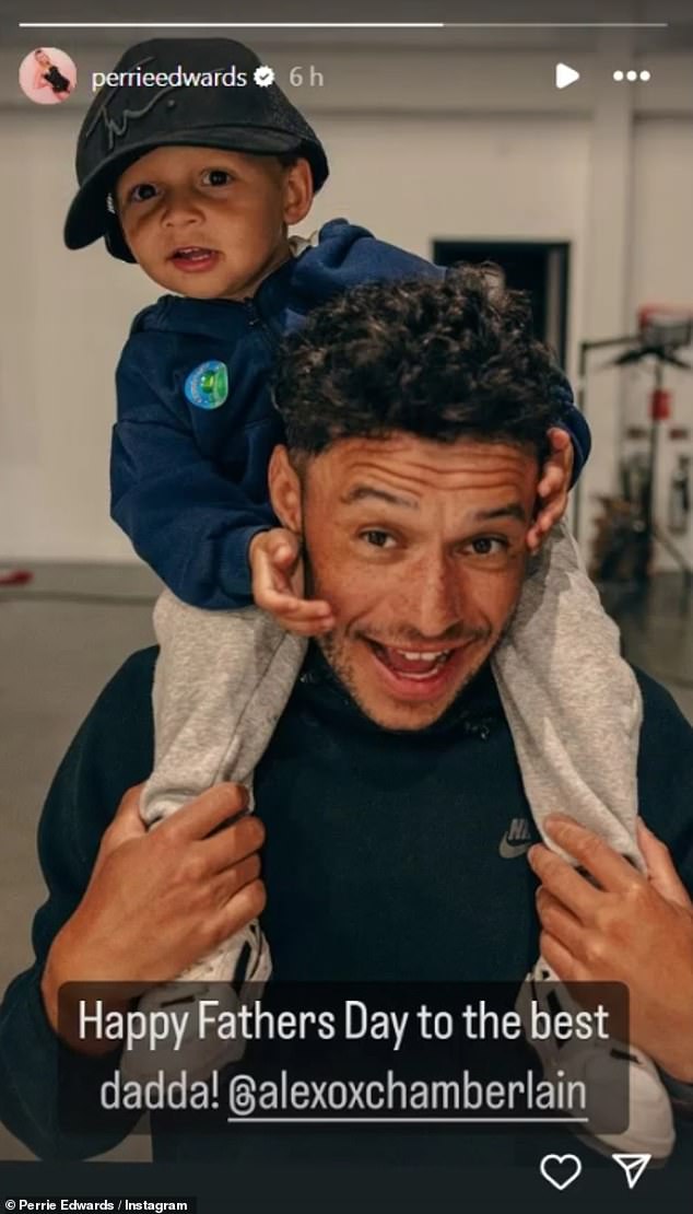 The Little Mix star, 30, shares her two-year-old son Axel with the footballer, and the singer took to Instagram with an adorable photo of her son draped over Alex's shoulders.