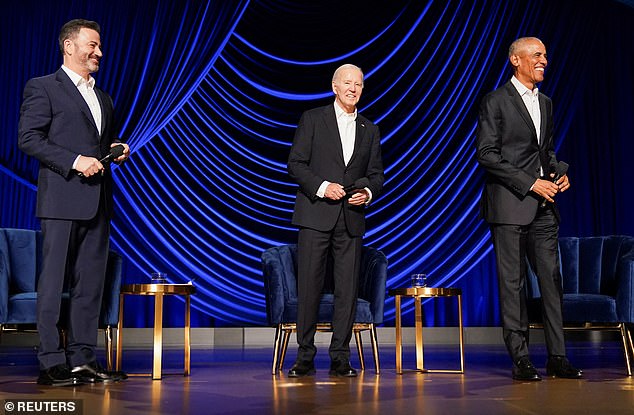 Biden was joined by former President Obama and late-night host Jimmy Kimmel for conversations at the star-studded fundraising event. The president took aim at Donald Trump and the conservative Supreme Court during the glitzy event.