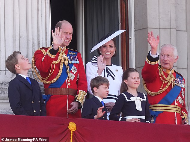 (Left to right) Prince George, the Prince of Wales, Prince Louis, the Princess of Wales, Princess Charlotte and King Charles III on the balcony of Buckingham Palace, London, to watch the aerial parade after the Trooping the Color ceremony