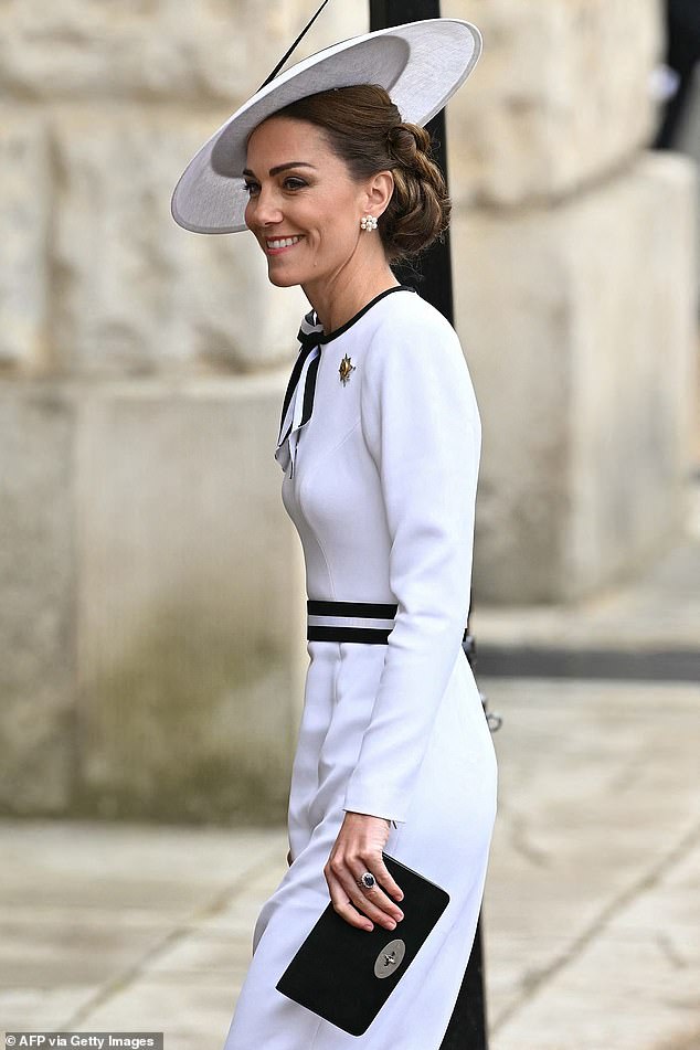 The Father's Day photograph was taken by Kate (pictured arriving for the King's Birthday Parade) last month on the beach near Anmer Hall, her home in Norfolk, during the half-term holidays.