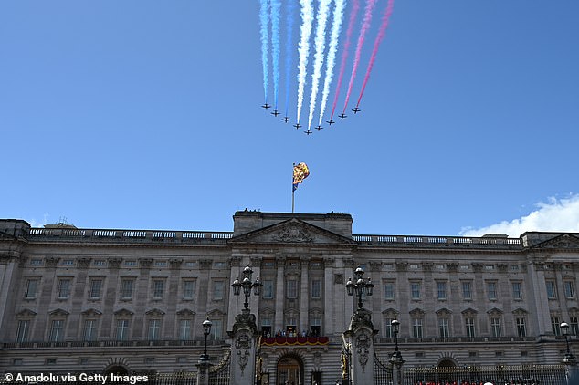 An RAF Red Arrows demonstration flight to celebrate Trooping of the Color