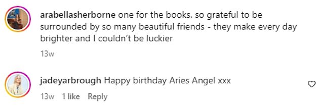 The interior designer recently left a gushing comment on Arabella's post on the occasion of her 32nd birthday.